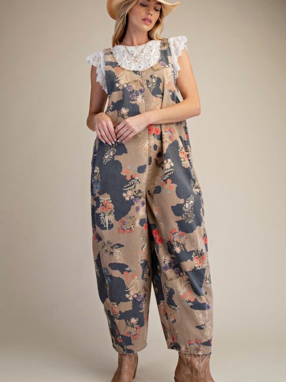 Easel Floral Beige Wide-Leg Overalls - Picture 4 of 5